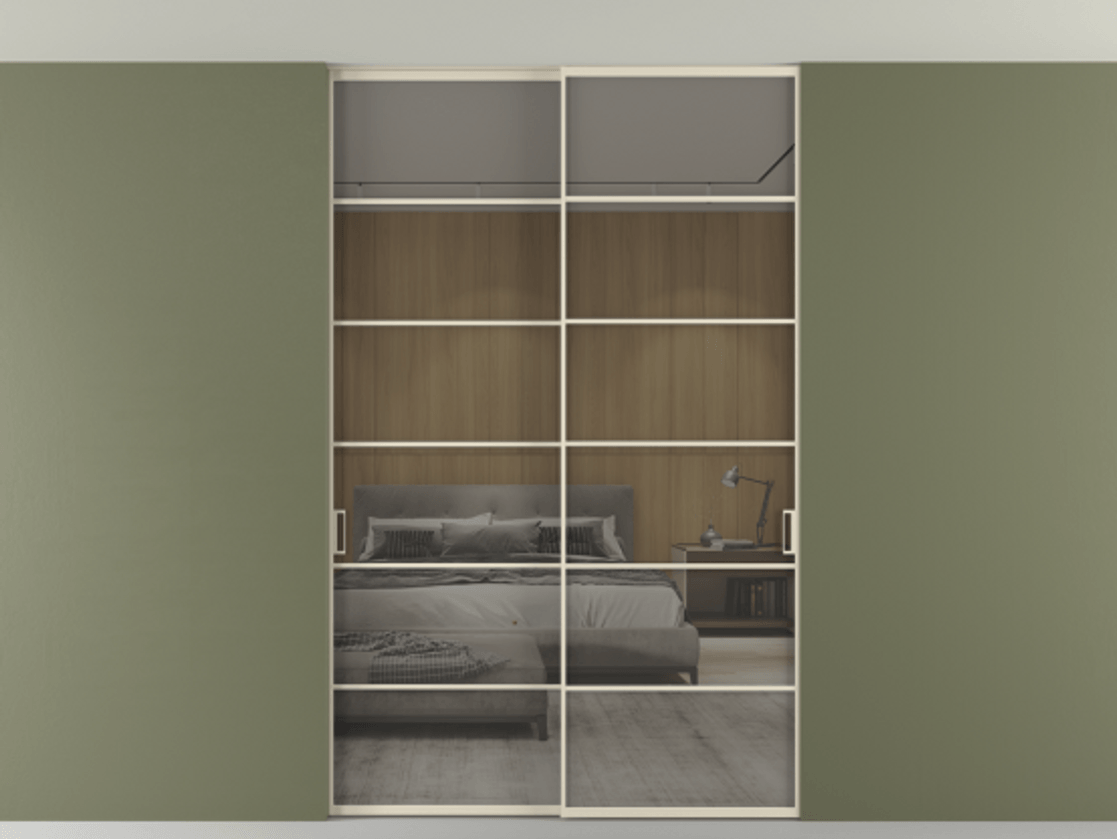 Перегородка Formato внутри проёма скрытое крепление в потолок 2 створки АЛПР 040.04 Алюминий бежево-серый Рефлективное серое стекло "Stopsol", калёное Цена 17250 Br | Volhovec