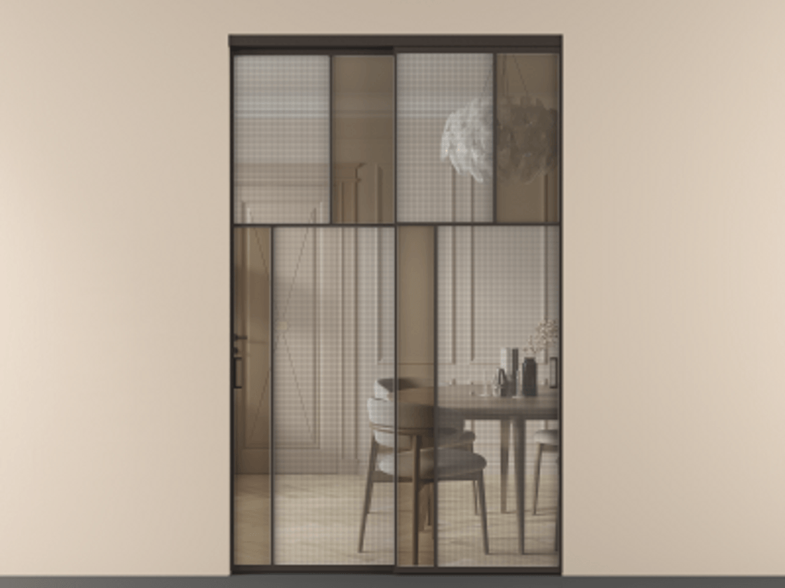 Перегородка Mosaic внутри проёма двустворчатая АЛПР 041.22 Алюминий антрацит Mesh silver + Бронза прозрачное триплекс Цена 12790 Br | Volhovec