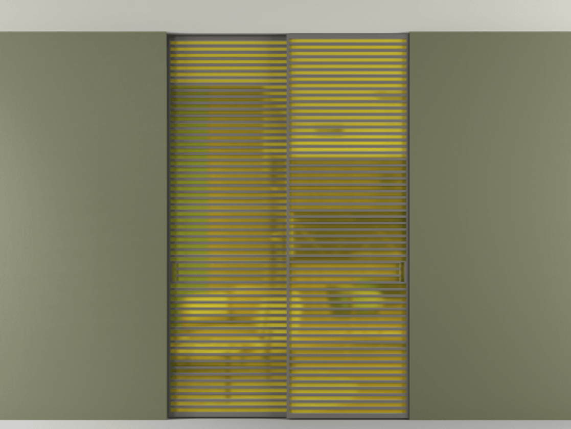 Перегородка Формато внутри проёма скрытое крепление в потолок 2 створки АЛПР 040.07 Алюминий классический серый Сатинированное жёлтое стекло, триплекс Цена 21900 Br | Volhovec