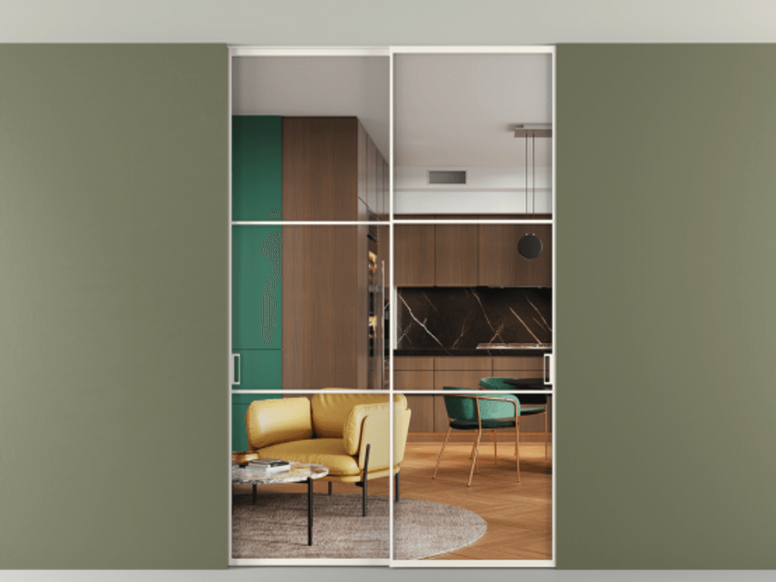 Перегородка Formato внутри проёма скрытое крепление в потолок 2 створки АЛПР 040.03 Алюминий пудровый белый Прозрачное стекло "Crystal Vision", калёное Цена 16340 Br | Volhovec