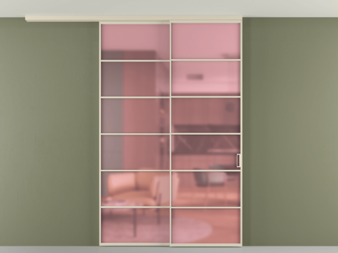 Перегородка Формато вдоль стены на потолок 2 створки с синхронным механизмом АЛПР 040.04 Алюминий бежево-серый Сатинированное розовое стекло, триплекс Цена 15600 Br | Volhovec