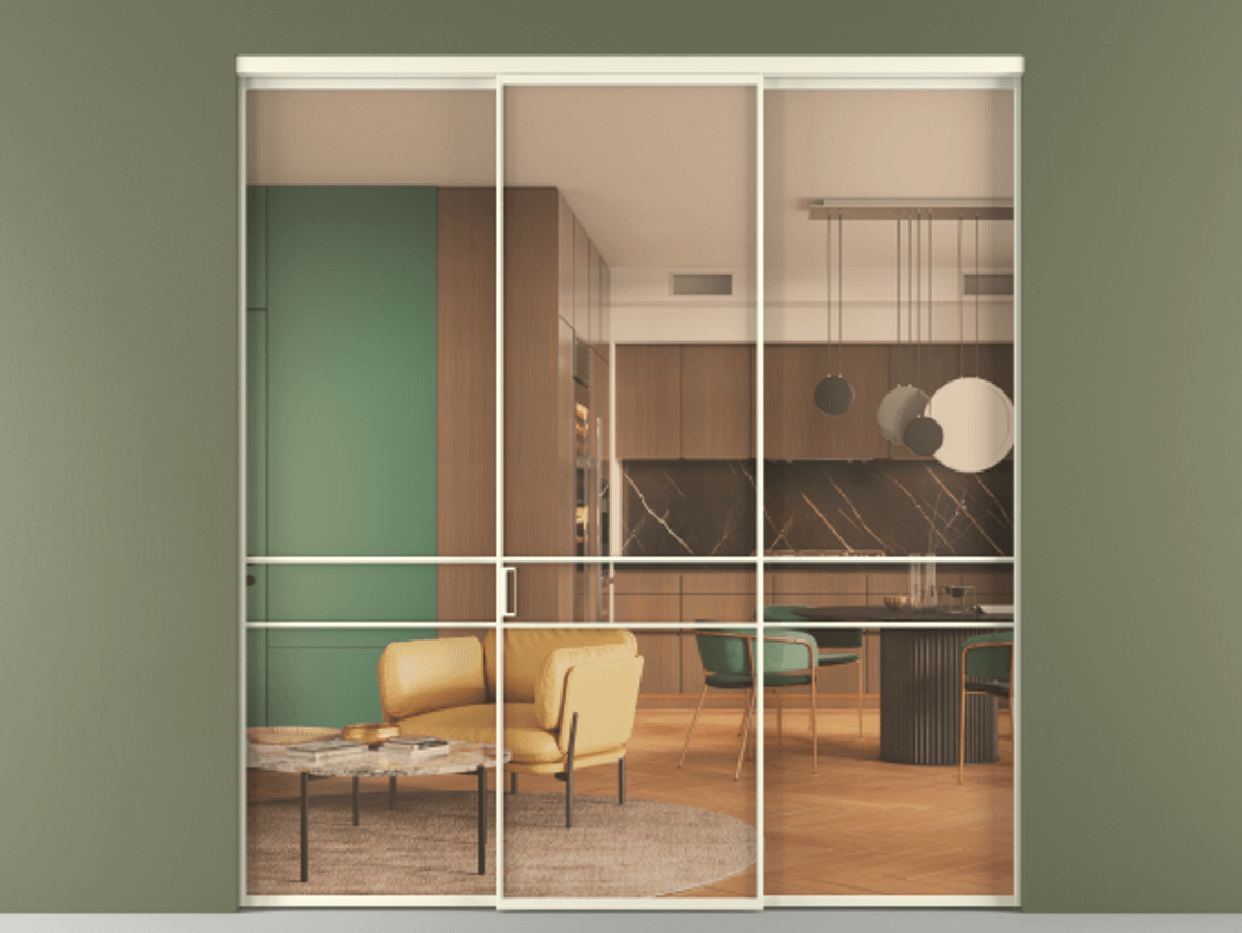 Перегородка Формато внутри проёма 3 створки АЛПР 040.02 Алюминий молочно-белый Прозрачное оранжевое стекло, триплекс Цена 12700 Br | Volhovec