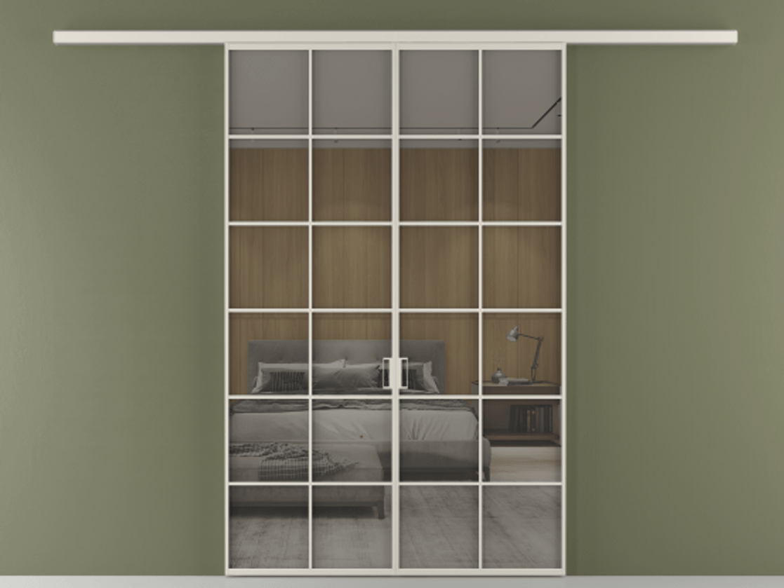 Перегородка Формато вдоль стены 2 створки АЛПР 040.05 Алюминий облачно-серый Рефлективное серое стекло "Стопсол", калёное Цена 14150 Br | Volhovec