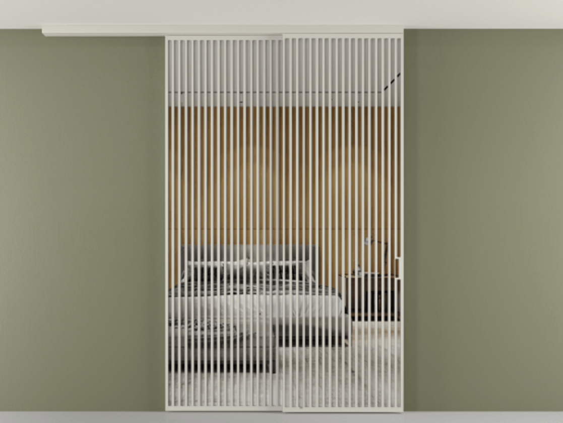 Перегородка Формато вдоль стены на потолок 2 створки с синхронным механизмом АЛПР 040.06 Алюминий тёплый серый Двустороннее зеркало, триплекс , триплекс 6 мм Цена 28160 Br | Volhovec