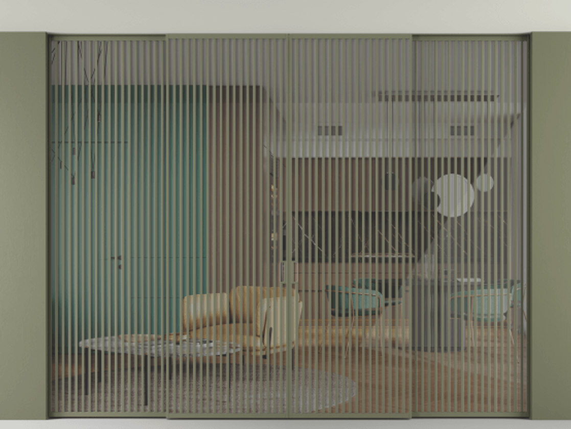 Перегородка Formato внутри проёма скрытое крепление в потолок 4 створки АЛПР 040.06 Алюминий оливковый тёмный Рефлективное прозрачное стекло "Stopsol", калёное Цена 52740 Br | Volhovec