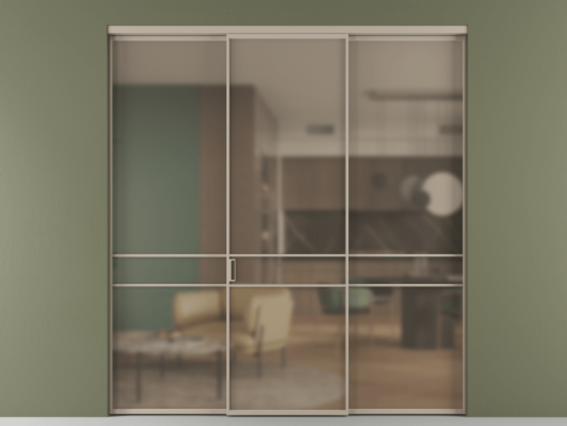 Перегородка Formato внутри проёма 3 створки АЛПР 040.02 Алюминий бисквитный Сатинированное бронзовое стекло, триплекс Цена 12690 Br | Volhovec