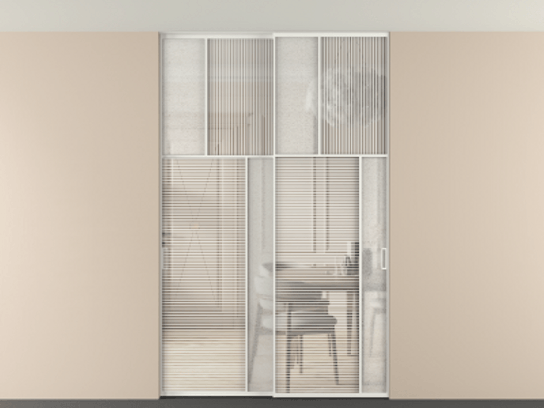 Перегородка Мозаик внутри проёма скрытое крепление в потолок 2 створки АЛПР 041.23 Алюминий светло-серый Рифлёное стекло "Дюна", триплекс, 6 мм + Фактурное стекло "Лёд", триплекс Цена 18210 Br | Volhovec