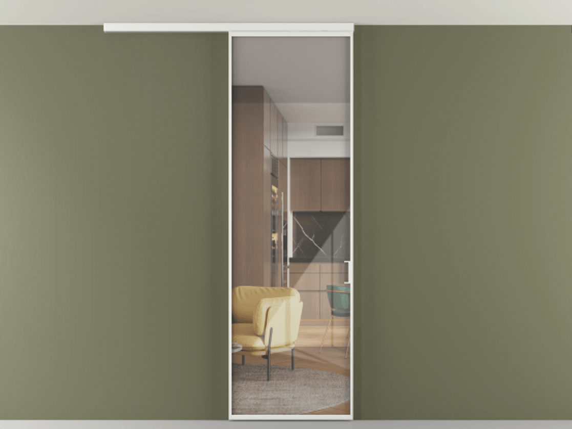 Перегородка Formato вдоль стены на потолок 1 створка АЛПР 040.01 Алюминий белоснежный Рефлективное прозрачное стекло "Стопсол", калёное Цена 6390 Br | Volhovec