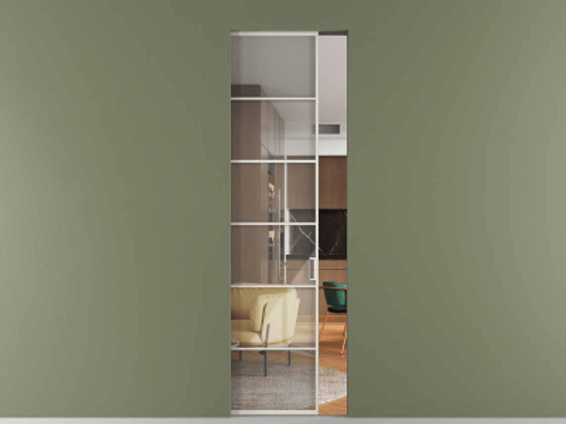 Перегородка Formato скрытый пенал 1 створка АЛПР 040.04 Алюминий Белый Рефлективное прозрачное стекло "Stopsol", калёное Цена 9700 Br | Volhovec