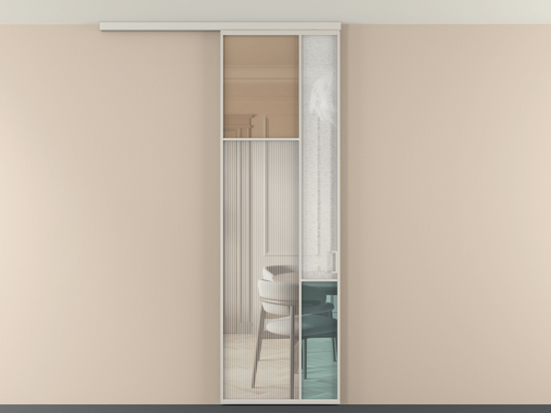 Перегородка Мозаик вдоль стены на потолок 1 створка АЛПР 041.10 Алюминий облачно-серый Комбинация стекол Группы 1 и Группы 3 Цена 7500 Br | Volhovec