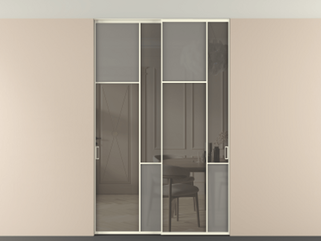 Перегородка Mosaic внутри проёма скрытое крепление в потолок 2 створки АЛПР 041.10 Алюминий молочно-белый Сатинированное серое стекло, триплекс, 6 мм + Прозрачное серое стекло, триплекс Цена 17350 Br | Volhovec