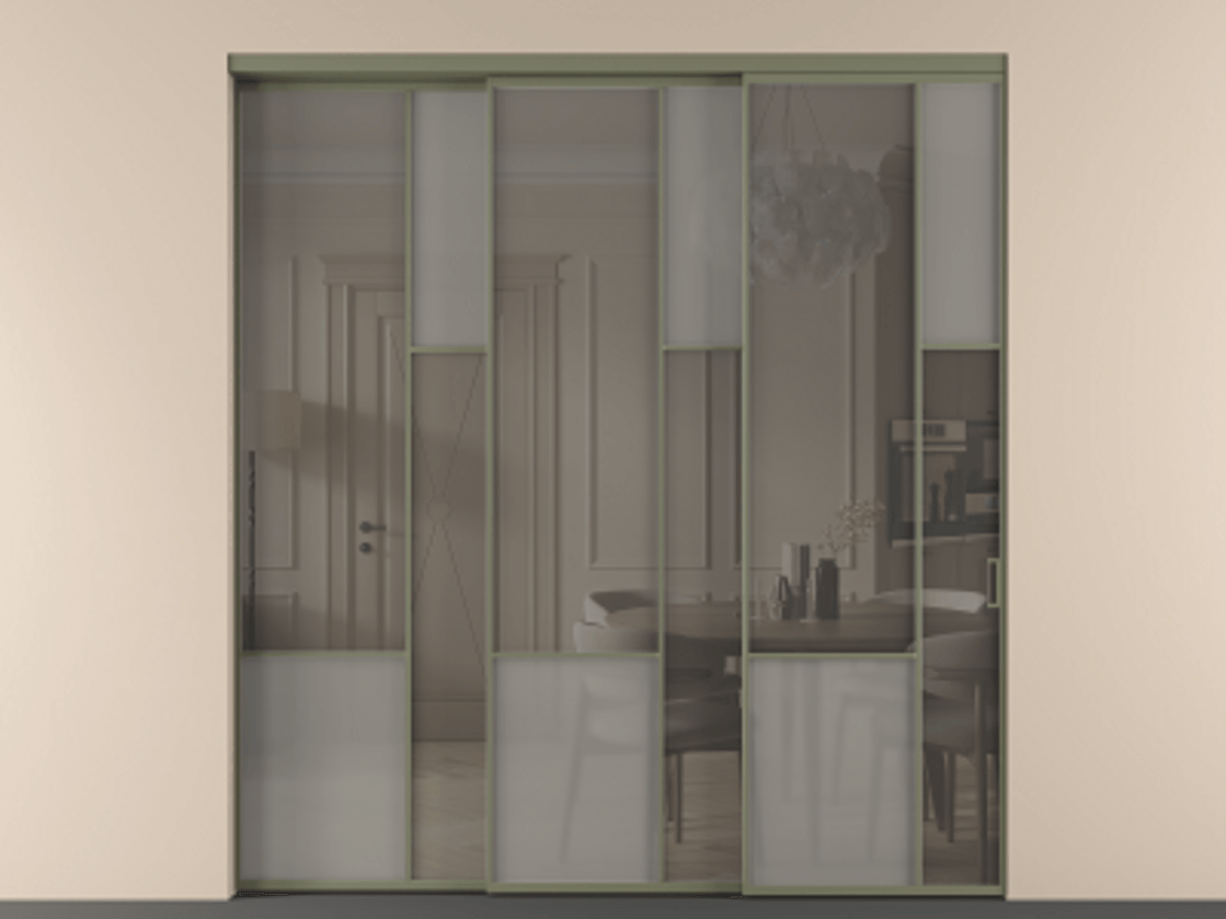 Перегородка Mosaic внутри проёма 3 створки с синхронным механизмом АЛПР 041.12 Алюминий оливковый тёмный Сатинированное серое стекло, триплекс, 6 мм + Прозрачное серое стекло, триплекс Цена 23390 Br | Volhovec