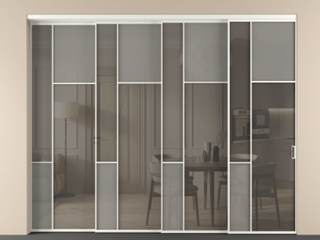 Перегородка Мозаик внутри проёма 4 створки с синхронным механизмом АЛПР 041.11 Алюминий тёплый серый Сатинированное серое стекло, триплекс, 6 мм + Прозрачное серое стекло, триплекс. Цена 31410 Br . Фабрика дверей Волховец 8 (800) 551 43 19 Перегородка Мозаик внутри проёма 4 створки с синхронным механизмом АЛПР 041.11 Алюминий тёплый серый Сатинированное серое стекло, триплекс, 6 мм + Прозрачное серое стекло, триплекс Цена 31410 Br | Volhovec