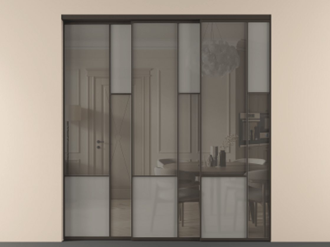 Перегородка Мозаик внутри проёма 3 створки с синхронным механизмом АЛПР 041.12 Алюминий антрацит Сатинированное серое стекло, триплекс, 6 мм + Прозрачное серое стекло, триплекс Цена 23390 Br | Volhovec