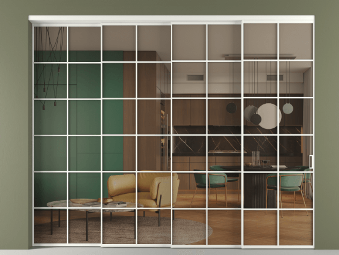 Перегородка Формато внутри проёма 4 створки с синхронным механизмом АЛПР 040.05 Алюминий светло-серый Прозрачное бронзовое стекло, триплекс Цена 26130 Br | Volhovec