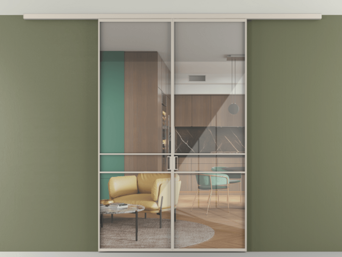 Перегородка Формато вдоль стены на потолок 2 створки АЛПР 040.02 Алюминий светло-бежевый Рефлективное прозрачное стекло "Стопсол", калёное Цена 11100 Br | Volhovec