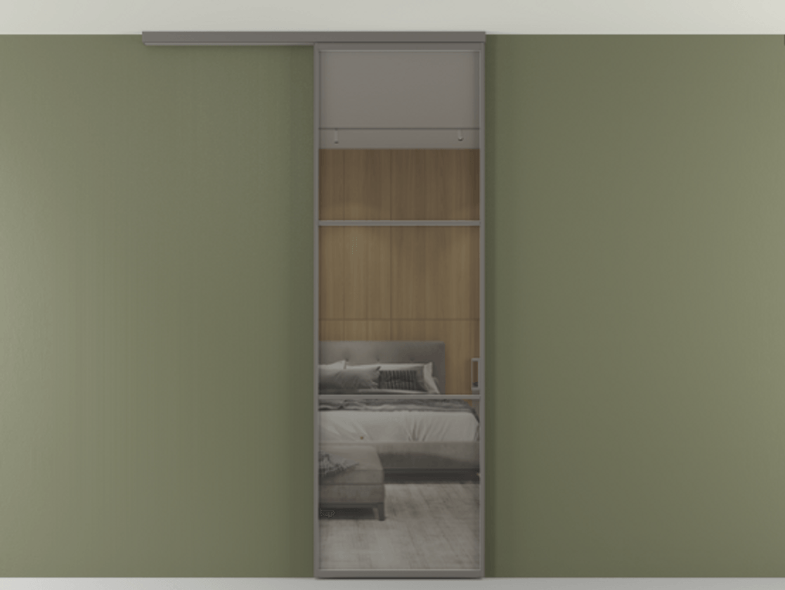 Перегородка Формато вдоль стены на потолок 1 створка АЛПР 040.03 Алюминий классический серый Рефлективное серое стекло "Стопсол", калёное Цена 5740 Br | Volhovec