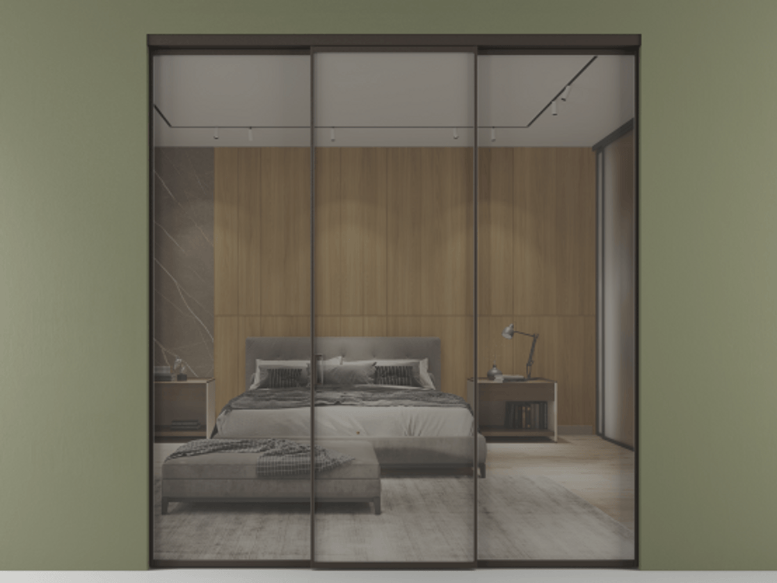 Перегородка Formato внутри проёма 3 створки АЛПР 040.01 Алюминий антрацит Рефлективное серое стекло "Stopsol", калёное Цена 16110 Br | Volhovec