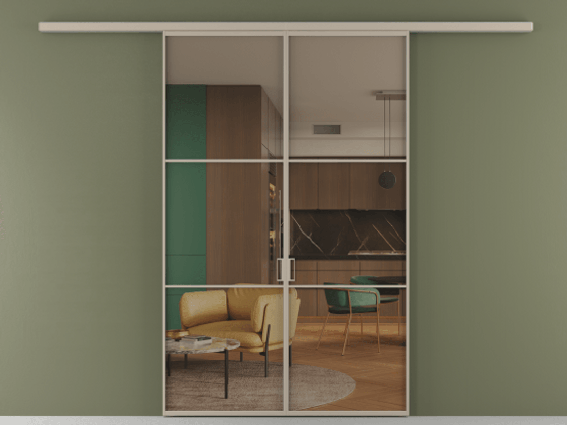 Перегородка Formato вдоль стены 2 створки АЛПР 040.03 Алюминий бисквитный Прозрачное бронзовое стекло, триплекс Цена 12460 Br | Volhovec