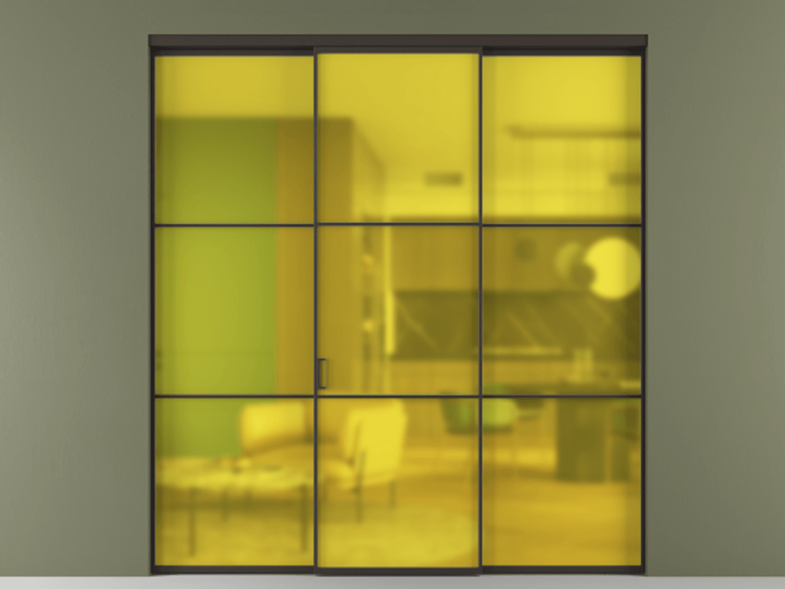 Перегородка Formato внутри проёма 3 створки АЛПР 040.03 Алюминий антрацит Сатинированное жёлтое стекло, триплекс Цена 13300 Br | Volhovec