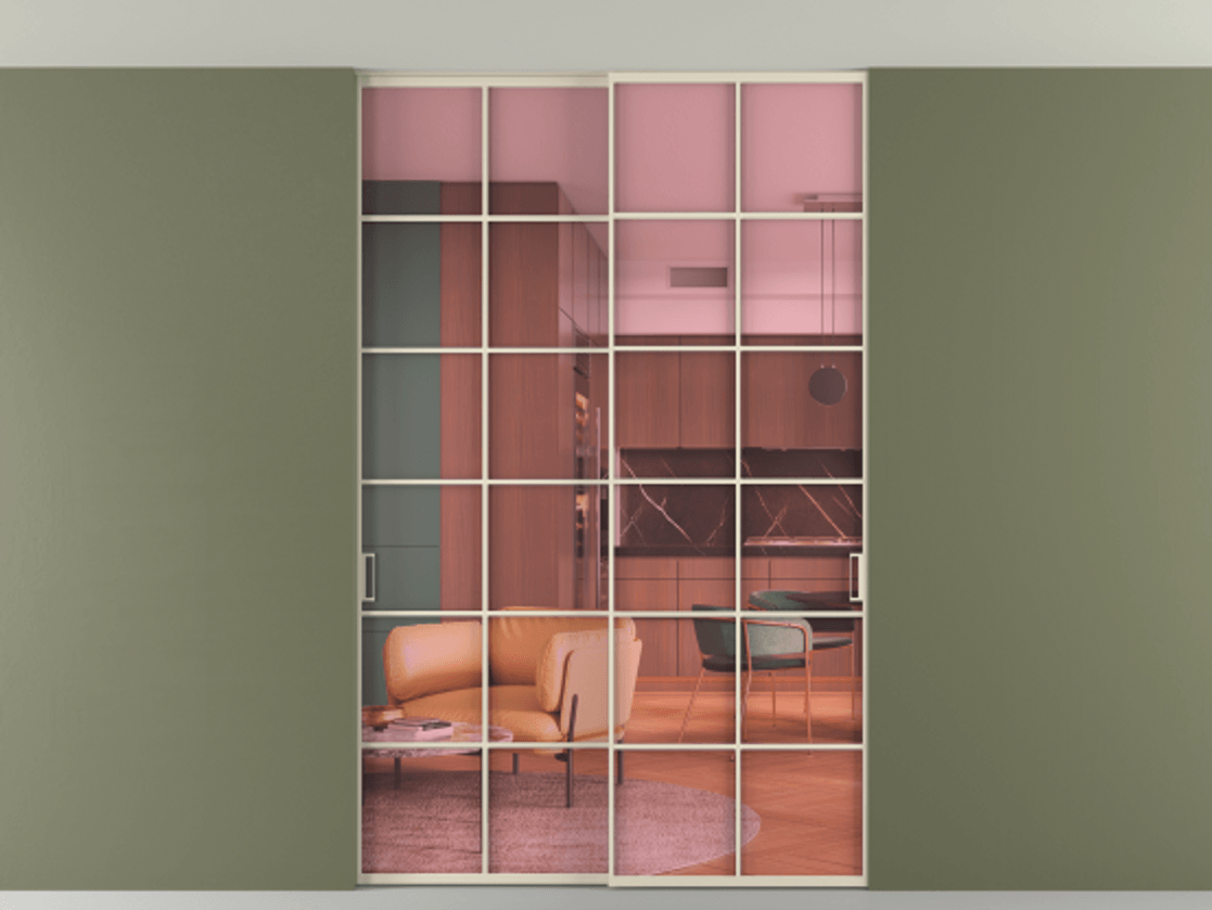 Перегородка Формато внутри проёма скрытое крепление в потолок 2 створки АЛПР 040.05 Алюминий бежево-серый Прозрачное розовое стекло, триплекс Цена 14000 Br | Volhovec