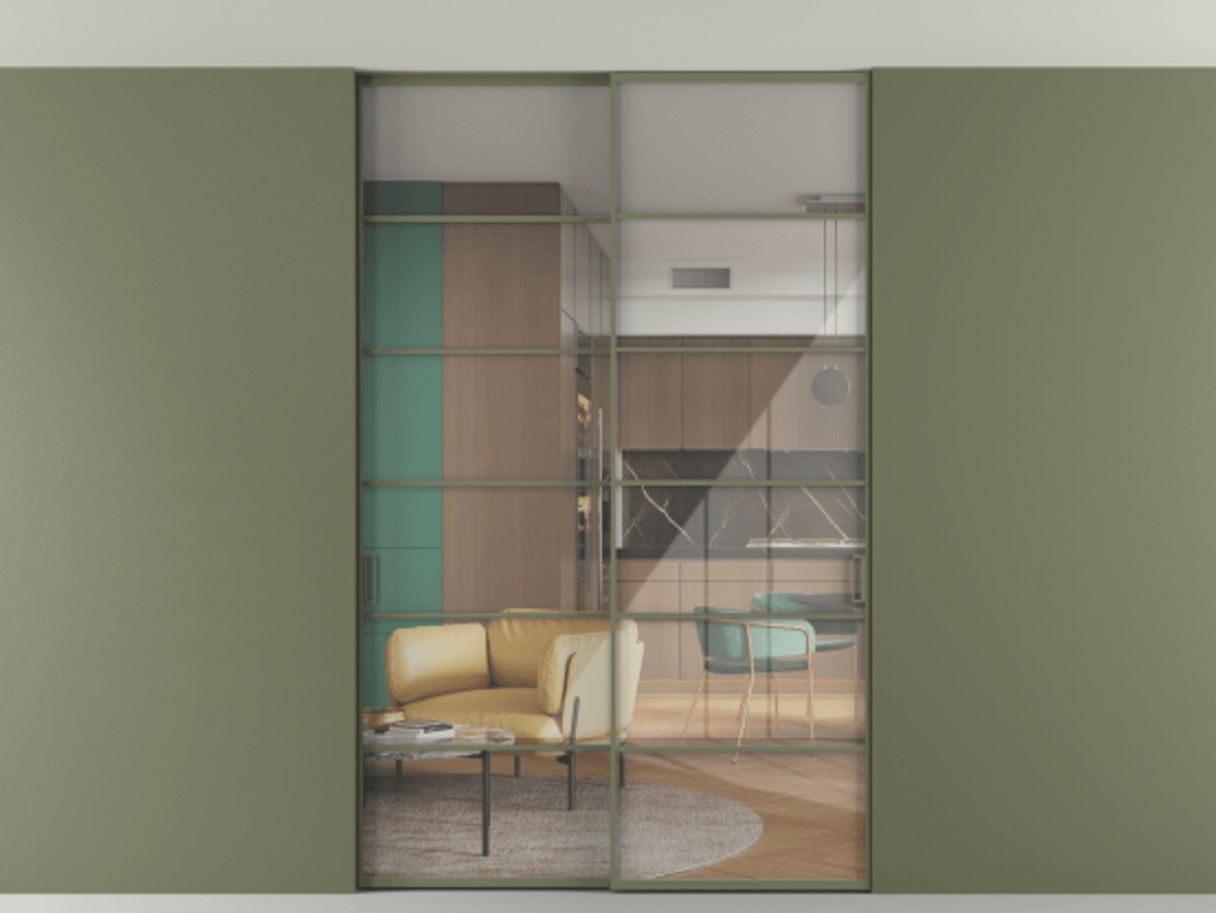 Перегородка Формато внутри проёма скрытое крепление в потолок 2 створки АЛПР 040.04 Алюминий оливковый тёмный Рефлективное прозрачное стекло "Стопсол", калёное Цена 17250 Br | Volhovec