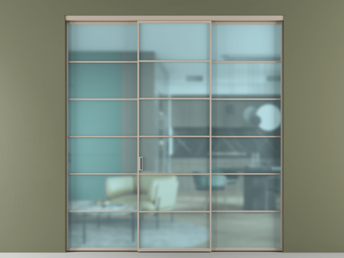 Перегородка Формато внутри проёма 3 створки АЛПР 040.04 Алюминий бисквитный Сатинированное голубое стекло, триплекс Цена 13600 Br | Volhovec