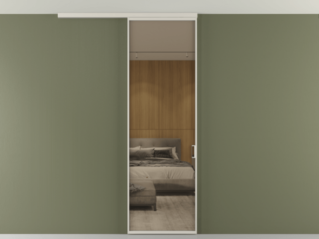 Перегородка Formato вдоль стены на потолок 1 створка АЛПР 040.01 Алюминий облачно-серый Рефлективное бронзовое стекло "Stopsol", калёное Цена 6390 Br | Volhovec