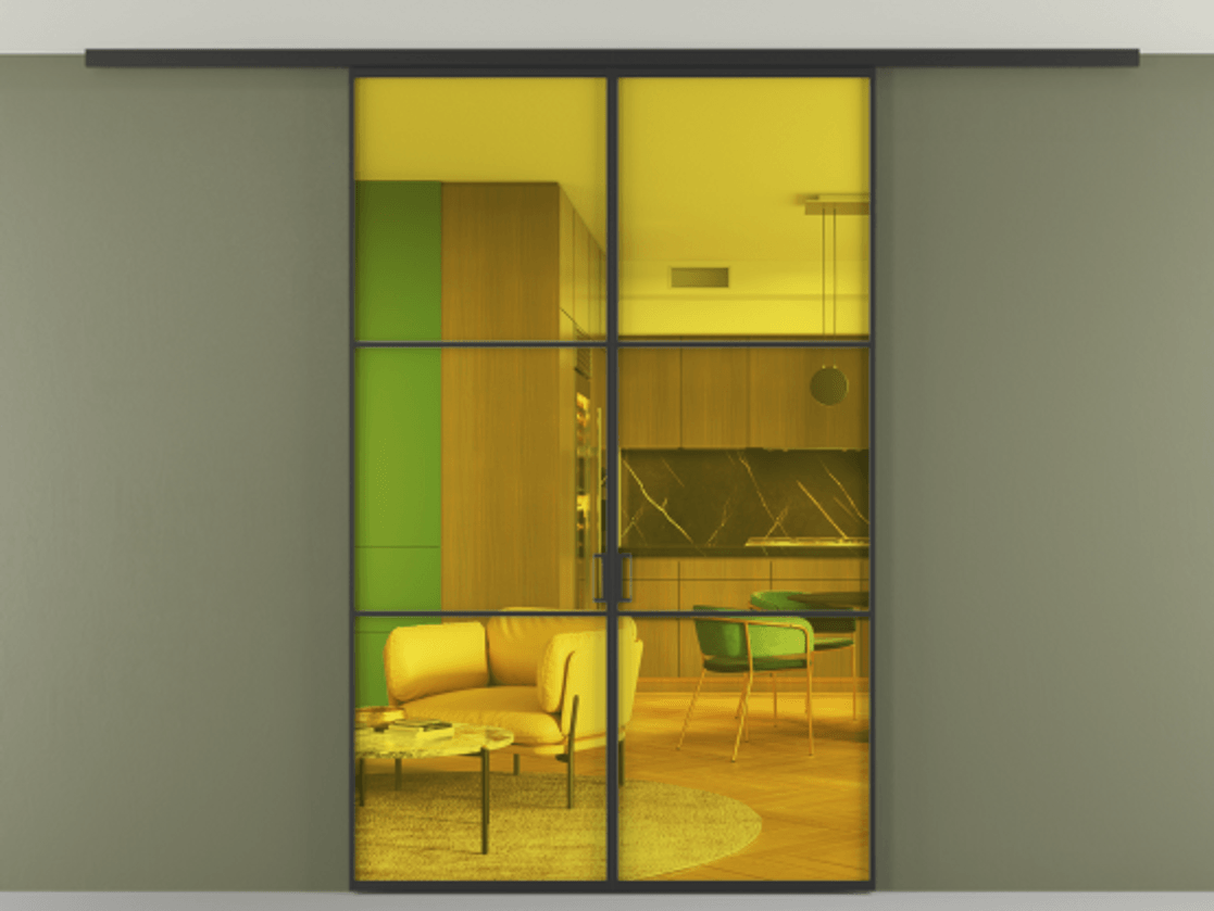 Перегородка Формато вдоль стены на потолок 2 створки АЛПР 040.03 Алюминий Черный Прозрачное жёлтое стекло, триплекс Цена 10000 Br | Volhovec