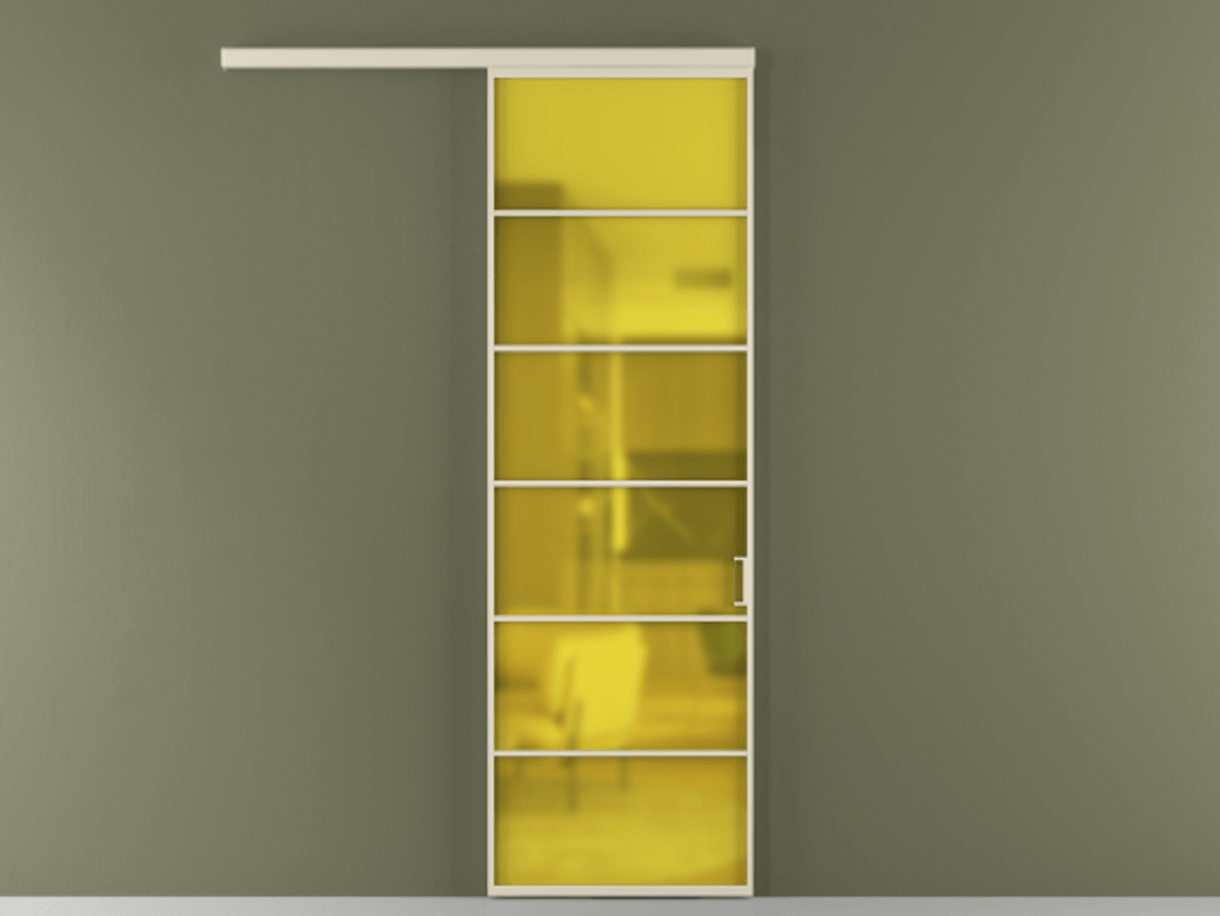 Межкомнатная дверь New Перегородка Formato вдоль стены одностворчатая АЛПР 040.04 Алюминий бежево-серый Сатинированное жёлтое стекло, триплекс Цена 5900  | Volhovec