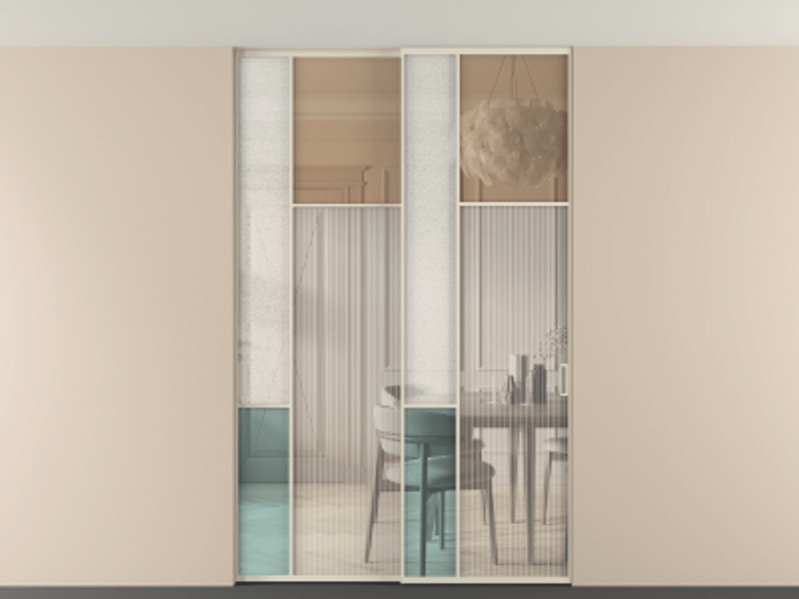 Перегородка Mosaic внутри проёма двустворчатая со скрытым креплением в потолок АЛПР 041.11 Алюминий бежево-серый Комбинация стекол Группы 1 и Группы 3 Цена 18000 Br | Volhovec