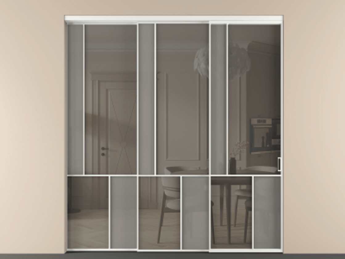 Перегородка Мозаик внутри проёма 3 створки с синхронным механизмом АЛПР 041.20  Алюминий белоснежный Сатинированное серое стекло, триплекс, 6 мм + Прозрачное серое стекло, триплекс Цена 23390 Br | Volhovec