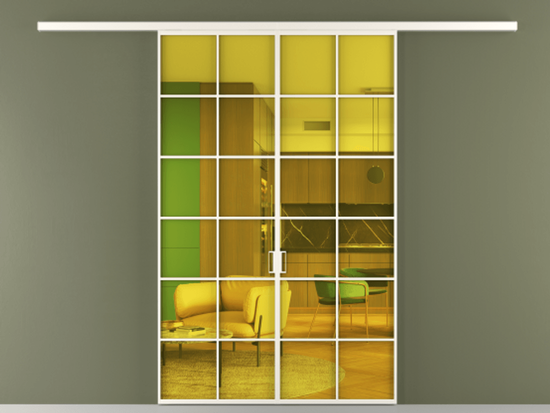 Перегородка Формато вдоль стены 2 створки АЛПР 040.05 Алюминий пудровый белый Прозрачное жёлтое стекло, триплекс Цена 11100 Br | Volhovec