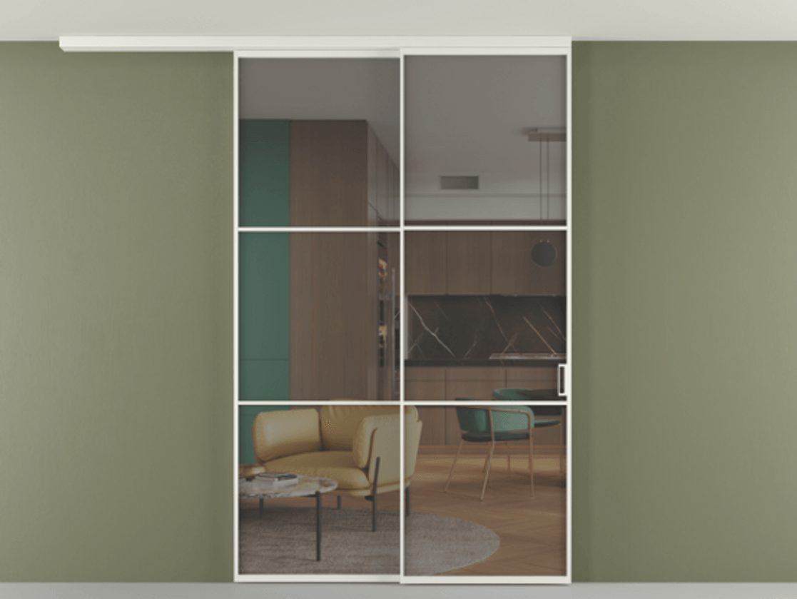 Перегородка Формато вдоль стены на потолок 2 створки с синхронным механизмом АЛПР 040.03 Алюминий светло-серый Прозрачное серое стекло, триплекс Цена 16630 Br | Volhovec