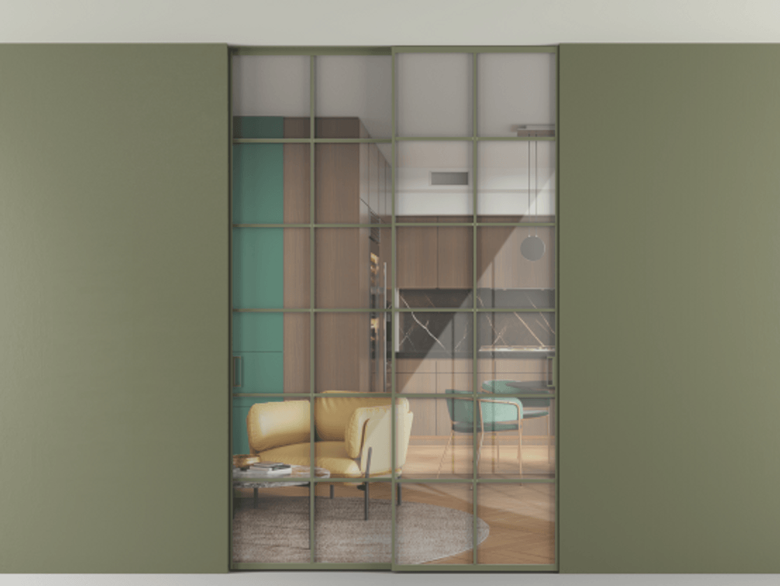 Перегородка Формато внутри проёма скрытое крепление в потолок 2 створки АЛПР 040.05 Алюминий оливковый тёмный Рефлективное прозрачное стекло "Стопсол", калёное Цена 17250 Br | Volhovec