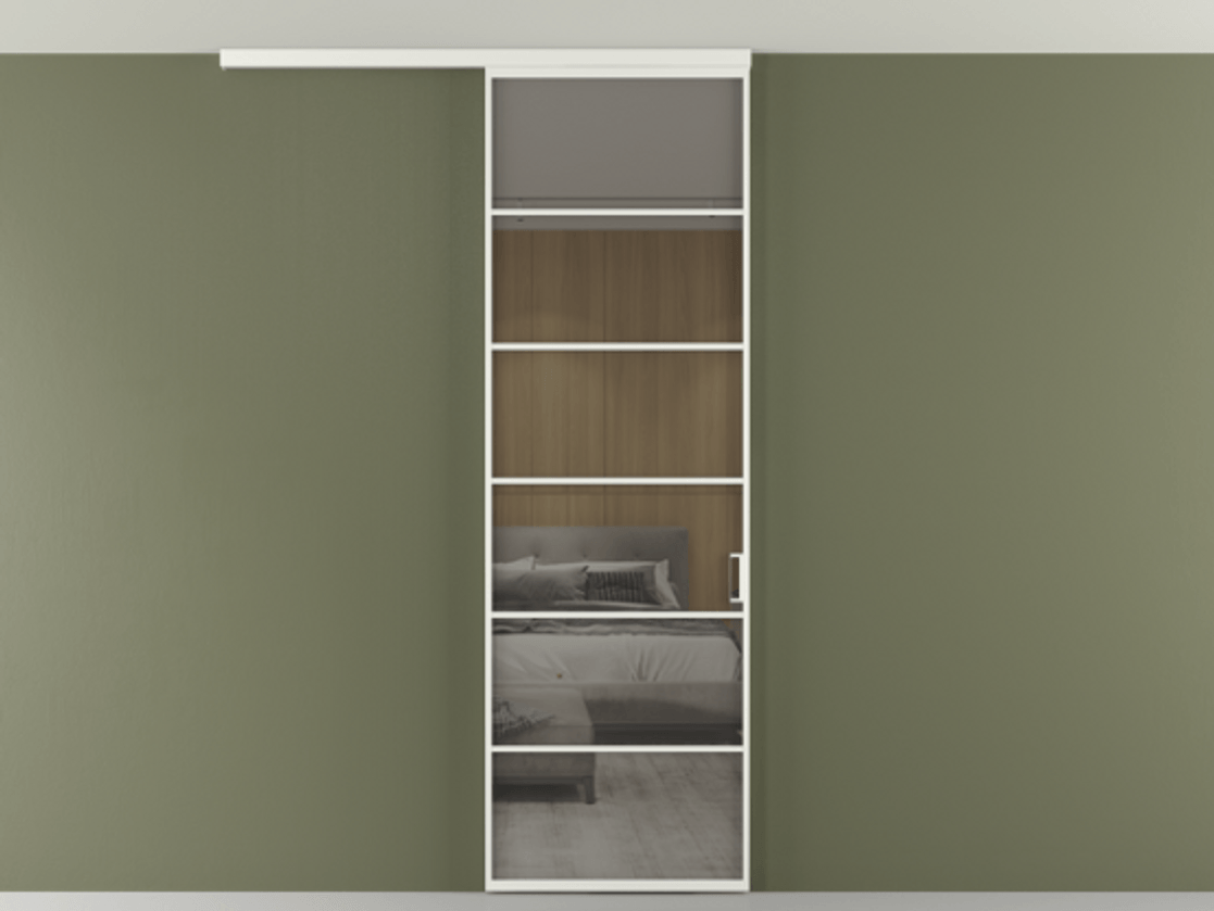 Перегородка Formato вдоль стены на потолок 1 створка АЛПР 040.04 Алюминий светло-серый Рефлективное серое стекло "Stopsol", калёное Цена 7170 Br | Volhovec