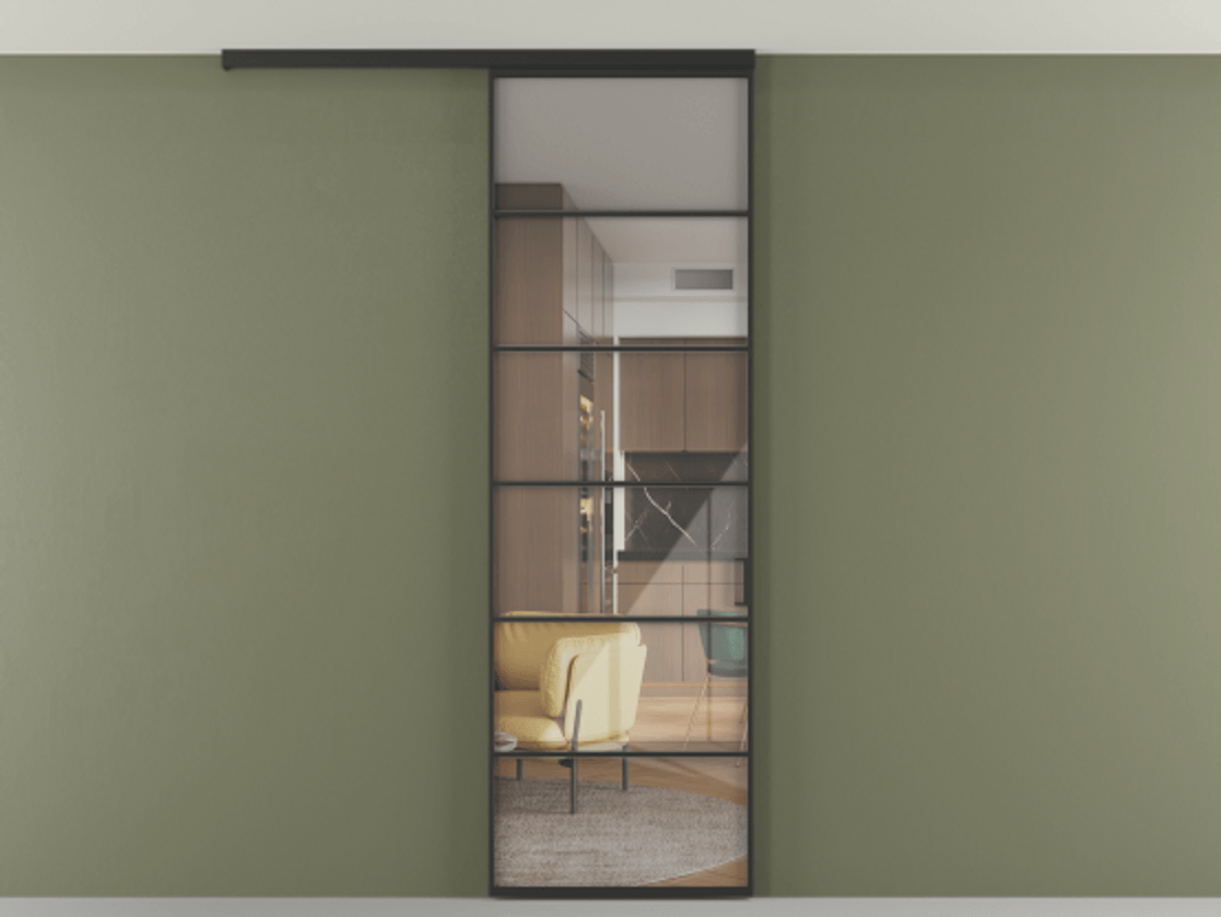 Перегородка Формато вдоль стены на потолок 1 створка АЛПР 040.04 Алюминий Черный Рефлективное прозрачное стекло "Стопсол", калёное Цена 6900 Br | Volhovec