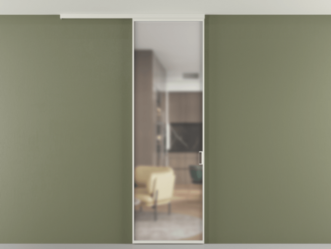 Перегородка Formato вдоль стены на потолок 1 створка АЛПР 040.01 Алюминий Белый Сатинированное стекло "Matelux Crystal Vision", калёное, матовое, каленое 6 мм Цена 6160 Br | Volhovec