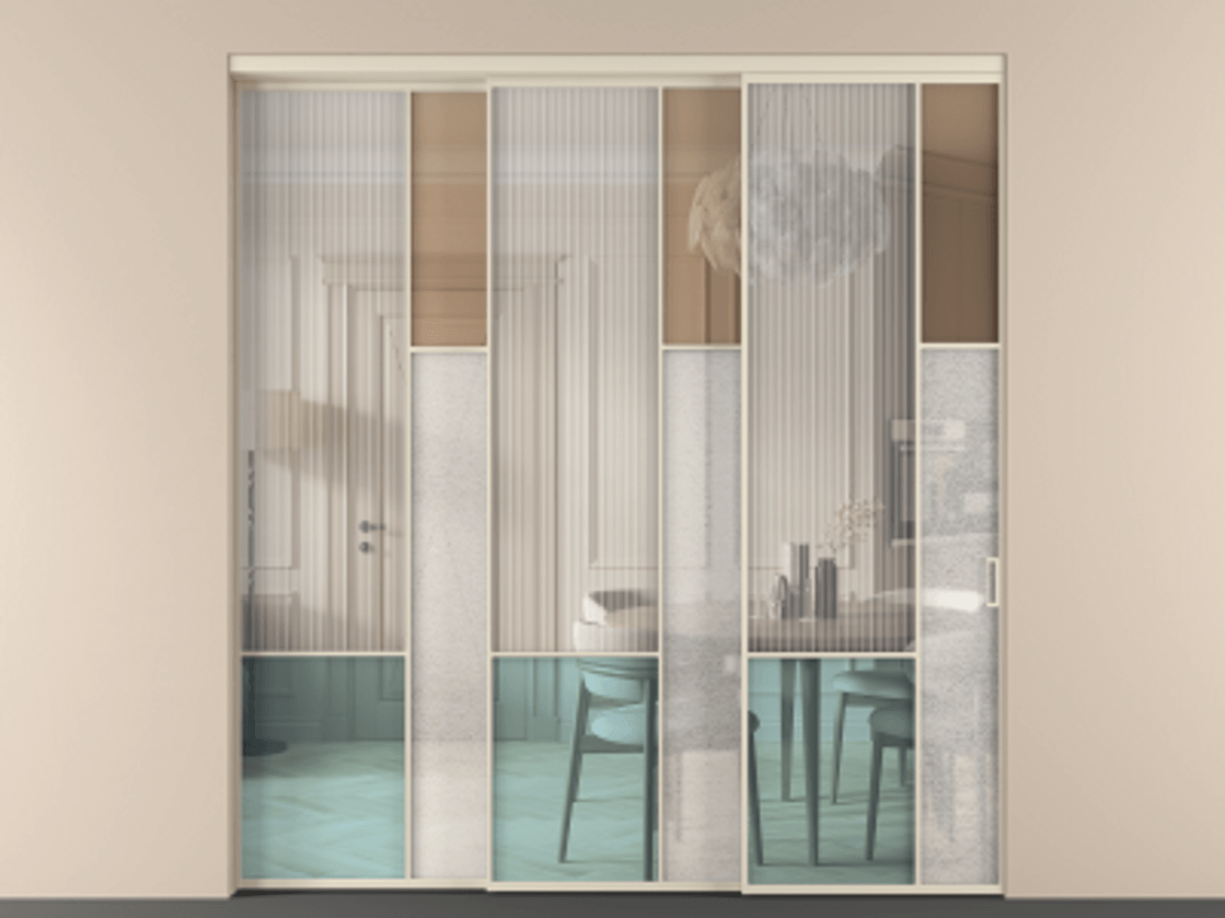 Перегородка Mosaic внутри проёма 3 створки с синхронным механизмом АЛПР 041.12 Алюминий бежево-серый Комбинация стекол Группы 1 и Группы 3 Цена 24300 Br | Volhovec