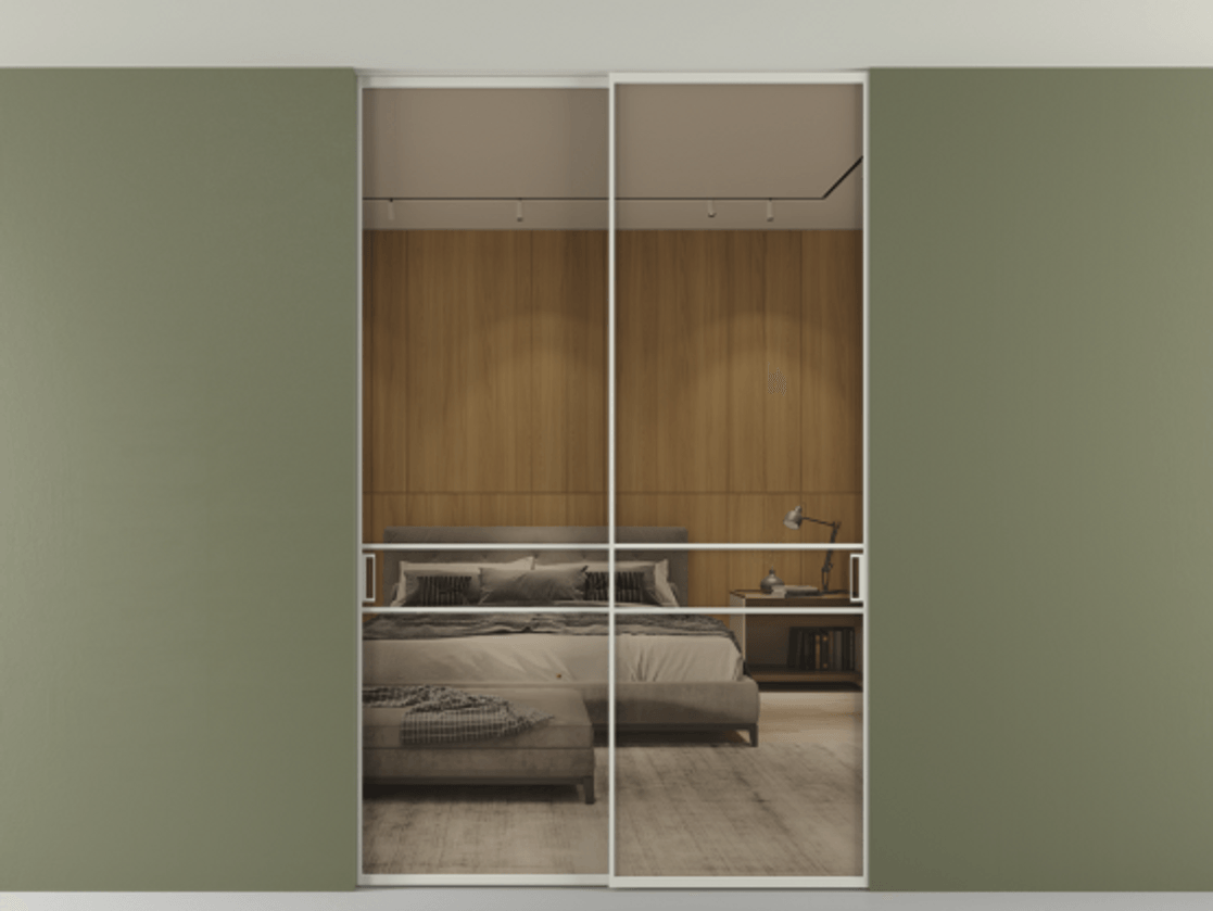 Перегородка Formato внутри проёма скрытое крепление в потолок 2 створки АЛПР 040.02 Алюминий тёплый серый Рефлективное бронзовое стекло "Stopsol", калёное Цена 16340 Br | Volhovec