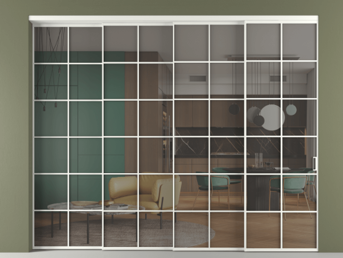 Перегородка Формато внутри проёма 4 створки с синхронным механизмом АЛПР 040.05 Алюминий светло-серый Прозрачное серое стекло, триплекс Цена 25240 Br | Volhovec