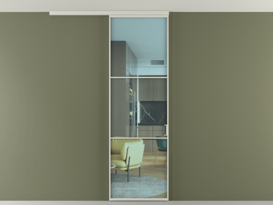 Перегородка Формато вдоль стены на потолок 1 створка АЛПР 040.03 Алюминий облачно-серый Прозрачное голубое стекло, триплекс Цена 5200 Br | Volhovec