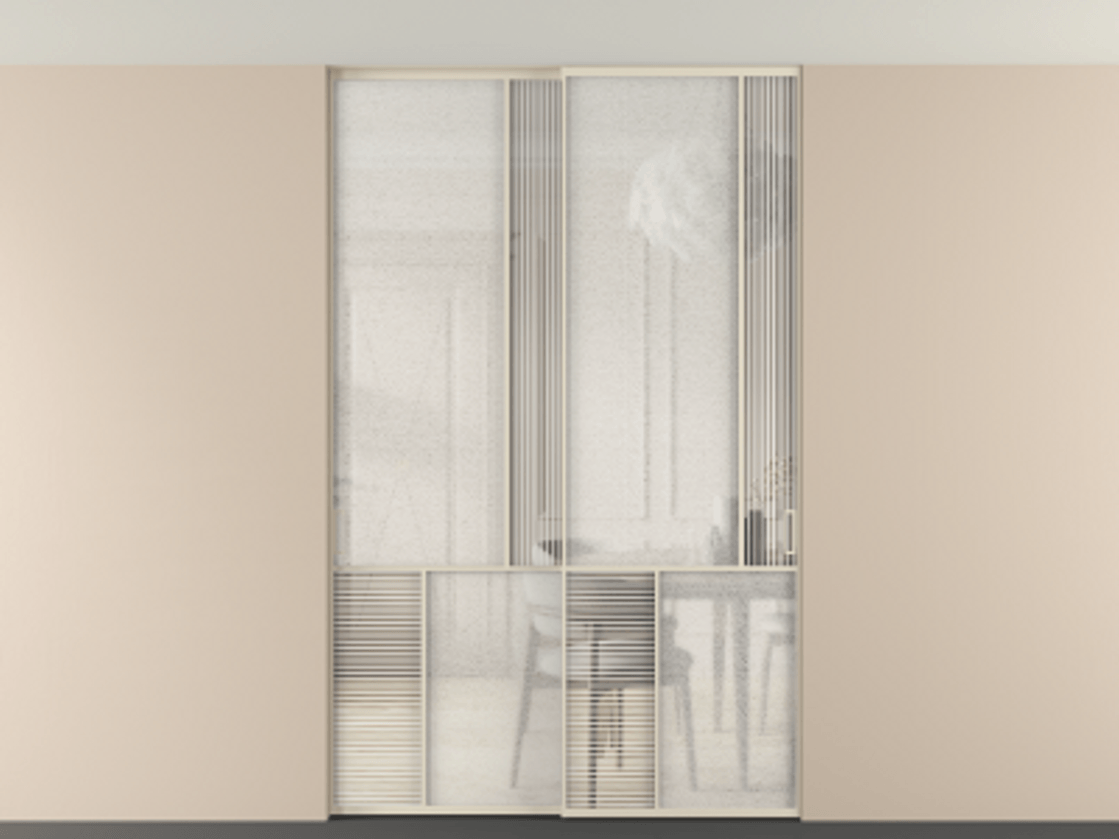 Перегородка Мозаик внутри проёма скрытое крепление в потолок 2 створки АЛПР 041.21 Алюминий бежево-серый Рифлёное стекло "Дюна", триплекс, 6 мм + Фактурное стекло "Лёд", триплекс. Цена 18210 Br . Фабрика дверей Волховец 8 (800) 551 43 19 Перегородка Мозаик внутри проёма скрытое крепление в потолок 2 створки АЛПР 041.21 Алюминий бежево-серый Рифлёное стекло "Дюна", триплекс, 6 мм + Фактурное стекло "Лёд", триплекс Цена 18210 Br | Volhovec