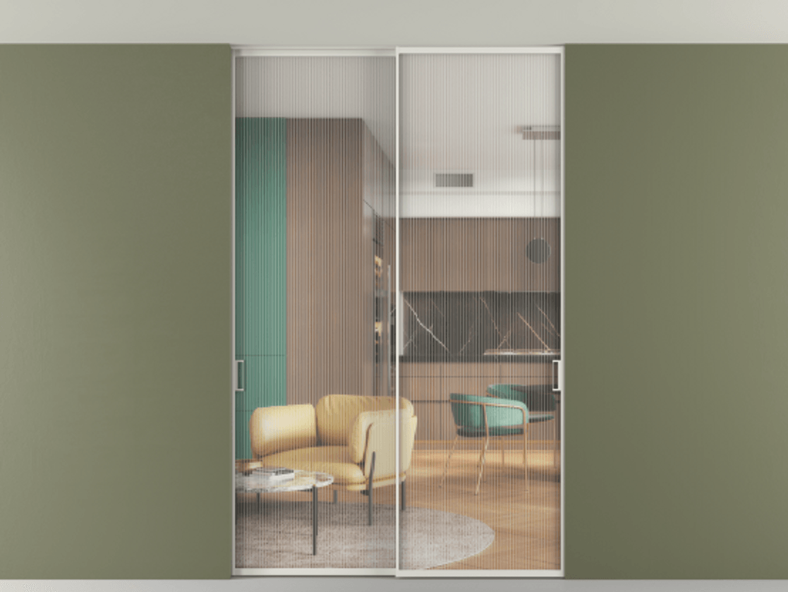 Перегородка Формато внутри проёма скрытое крепление в потолок 2 створки АЛПР 040.01 Алюминий серый Рифлёное стекло "Мору", триплекс Цена 13440 Br | Volhovec