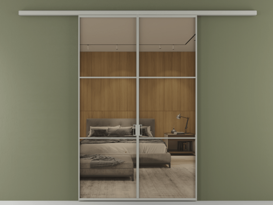 Перегородка Formato вдоль стены 2 створки АЛПР 040.03 Алюминий нейтральный серый Рефлективное бронзовое стекло "Stopsol", калёное Цена 13310 Br | Volhovec