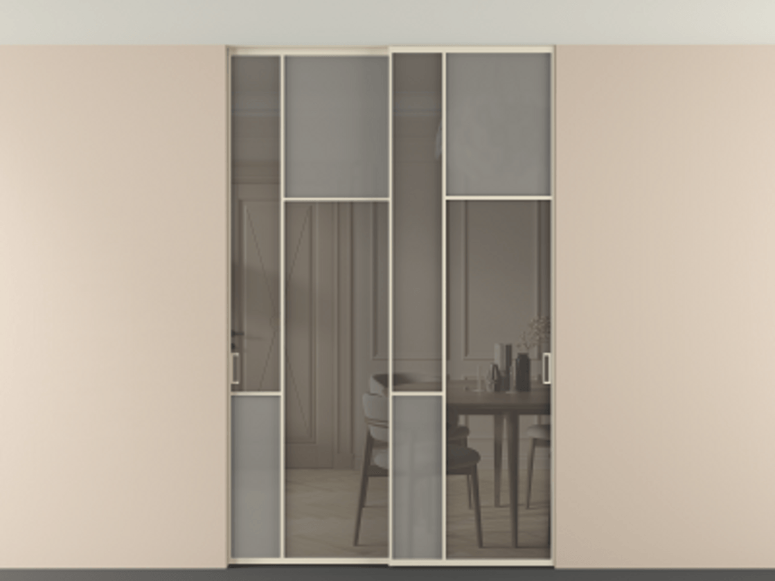 Перегородка Мозаик внутри проёма скрытое крепление в потолок 2 створки АЛПР 041.11 Алюминий бежево-серый Сатинированное серое стекло, триплекс, 6 мм + Прозрачное серое стекло, триплекс Цена 17350 Br | Volhovec