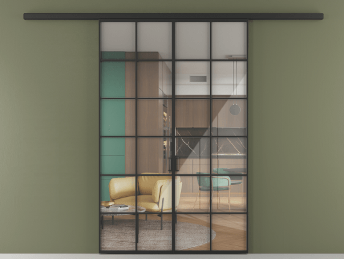 Перегородка Формато вдоль стены 2 створки АЛПР 040.05 Алюминий Черный Рефлективное прозрачное стекло "Стопсол", калёное Цена 11750 Br | Volhovec