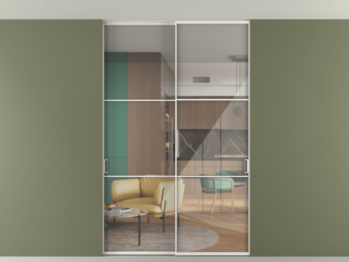 Перегородка Формато внутри проёма скрытое крепление в потолок 2 створки АЛПР 040.03 Алюминий белоснежный Рефлективное прозрачное стекло "Стопсол", калёное Цена 16340 Br | Volhovec