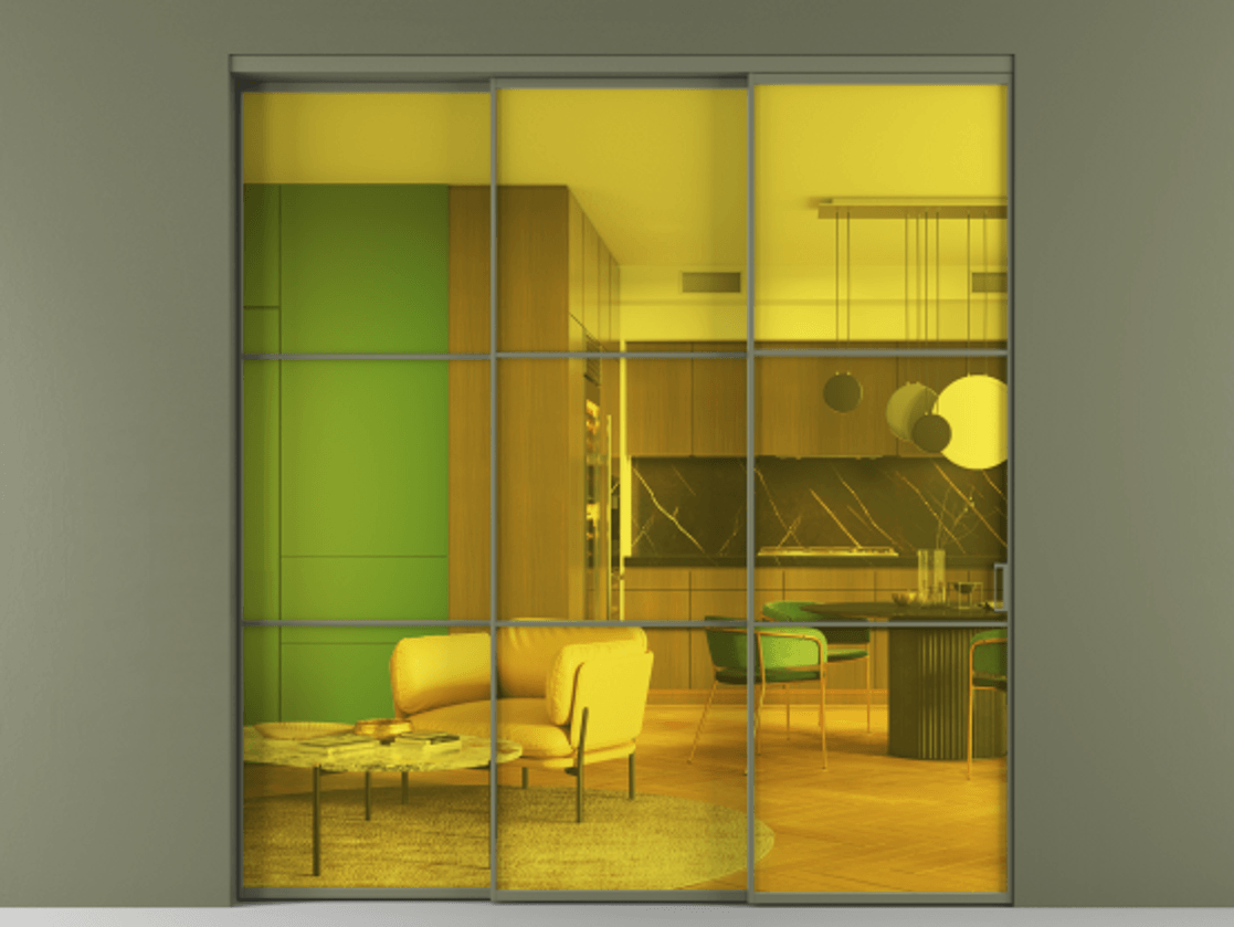 Перегородка Formato внутри проёма 3 створки с синхронным механизмом АЛПР 040.03 Алюминий оливковый тёмный Прозрачное жёлтое стекло, триплекс Цена 18400 Br  | Volhovec