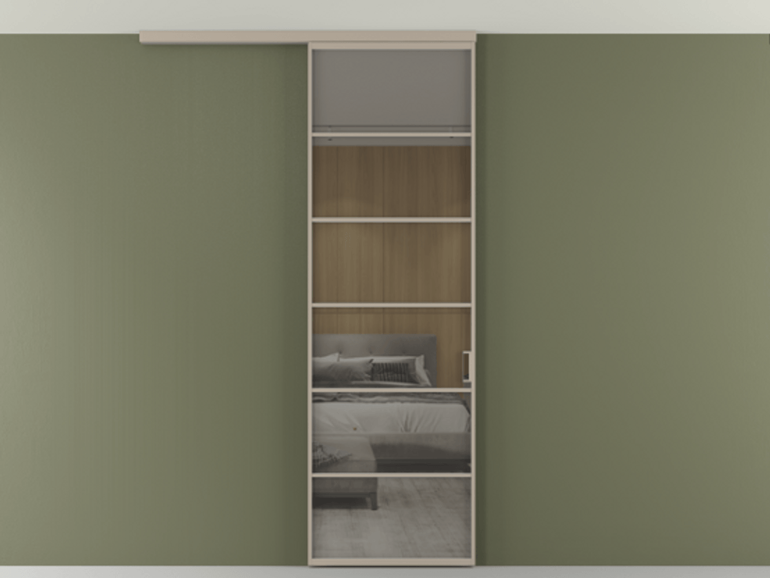 Перегородка Formato вдоль стены на потолок 1 створка АЛПР 040.04 Алюминий бисквитный Рефлективное серое стекло "Stopsol", калёное Цена 7170 Br | Volhovec